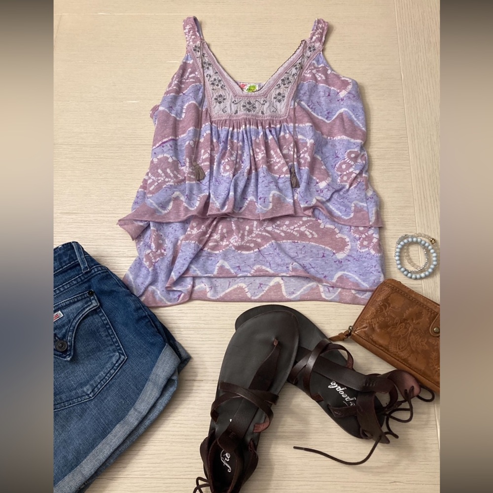 Free People Boho tiered tank with detailed embroidery + tassels—buttons up-back